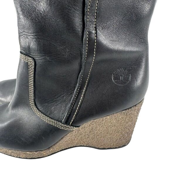 Timberland Monogram Tall Boots Faux Fur Lined Black Leather Size 9 Wedge Heel - Picture 6 of 13